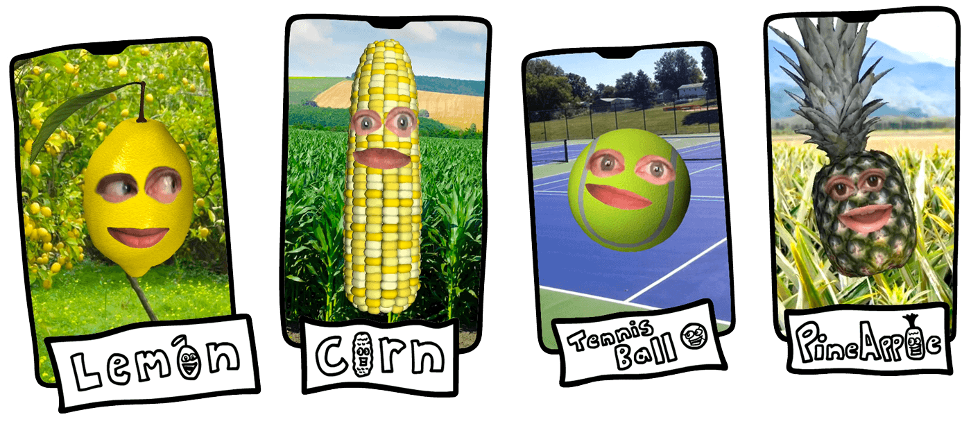 The lemon, corn, tennis ball, and pineapple characters returning